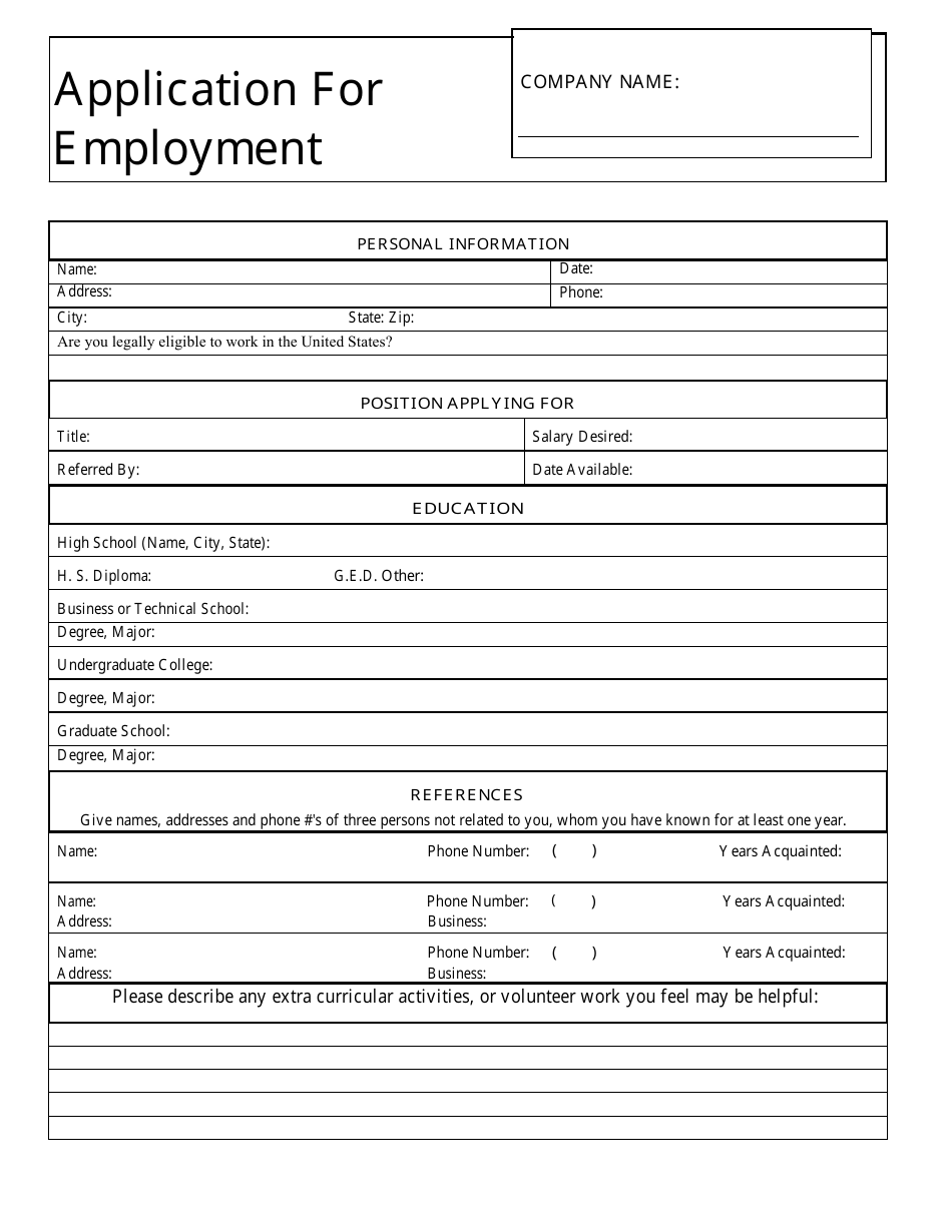 Preview of Application for Employment Table