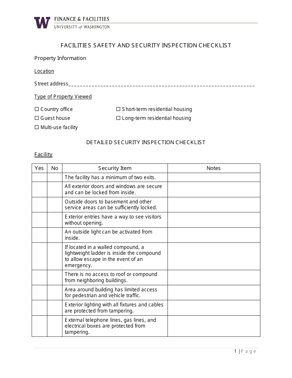 Facilities Safety and Security Inspection Checklist Template - University of Washington