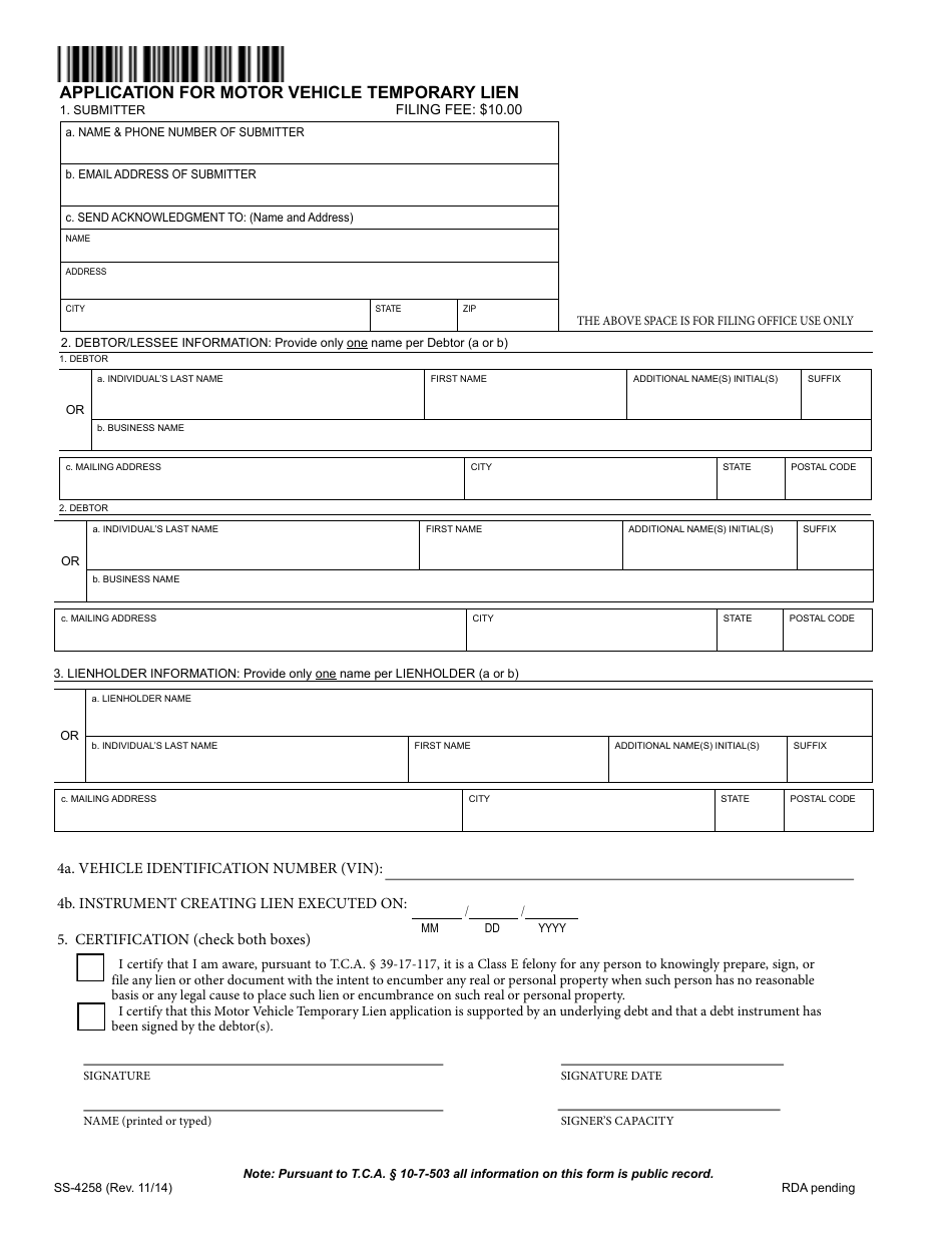 Form SS-4258 Application for Motor Vehicle Temporary Lien - Tennessee, Page 3