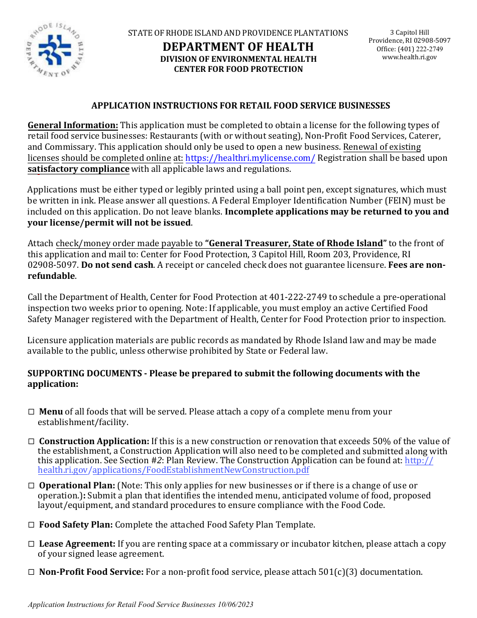 Application for Retail Food Service Businesses - Rhode Island, Page 1
