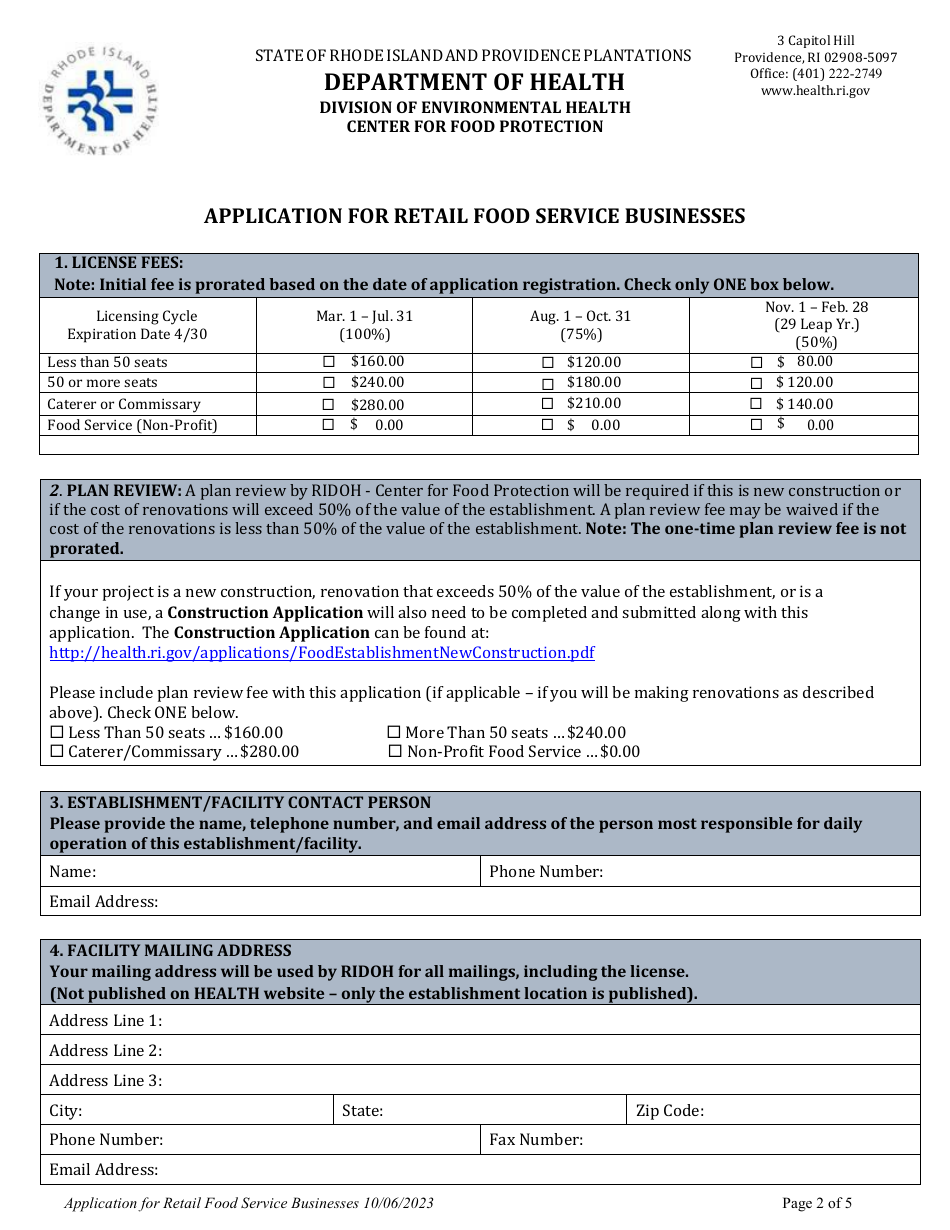 Application for Retail Food Service Businesses - Rhode Island, Page 4