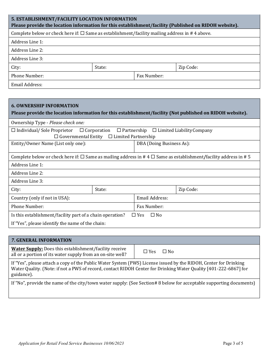 Application for Retail Food Service Businesses - Rhode Island, Page 5