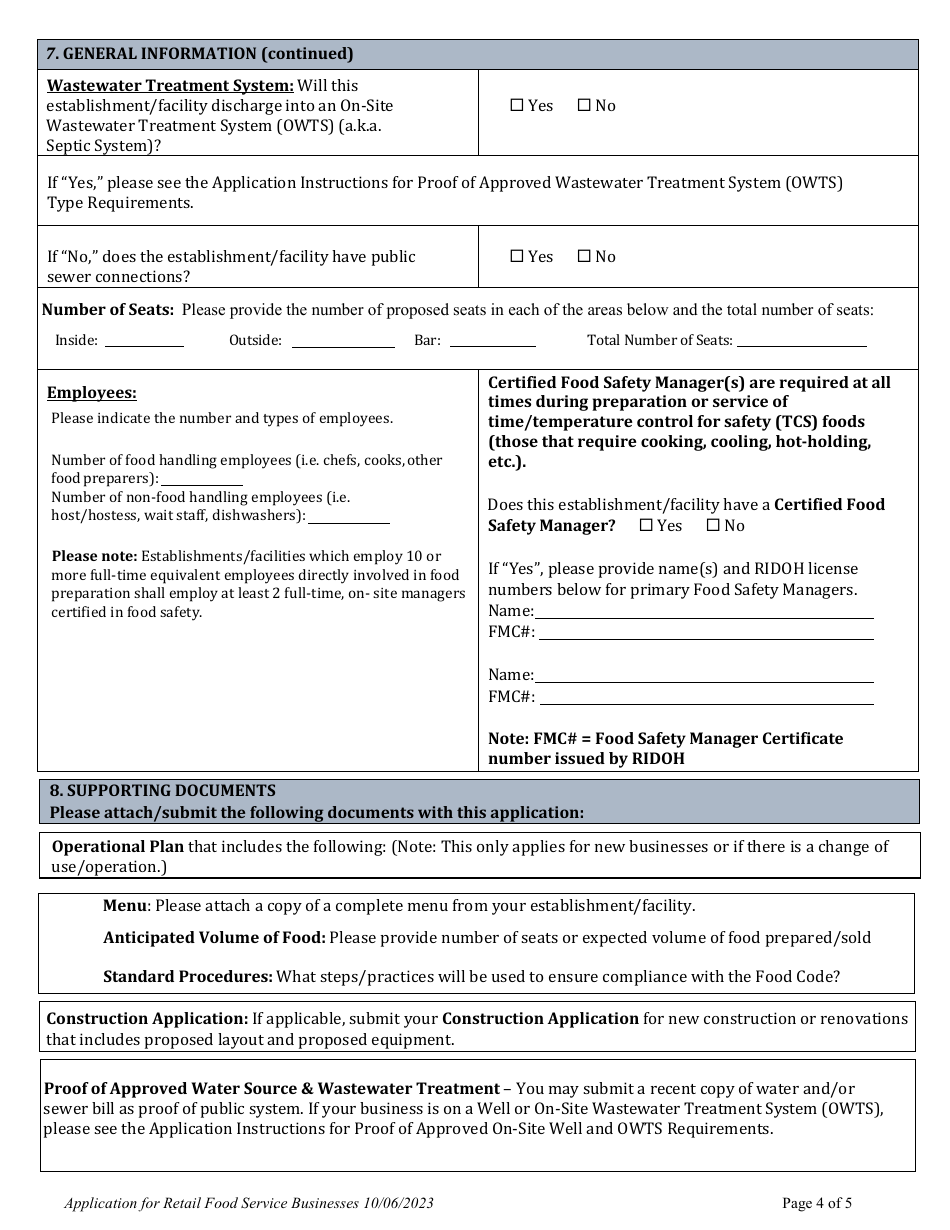 Application for Retail Food Service Businesses - Rhode Island, Page 6