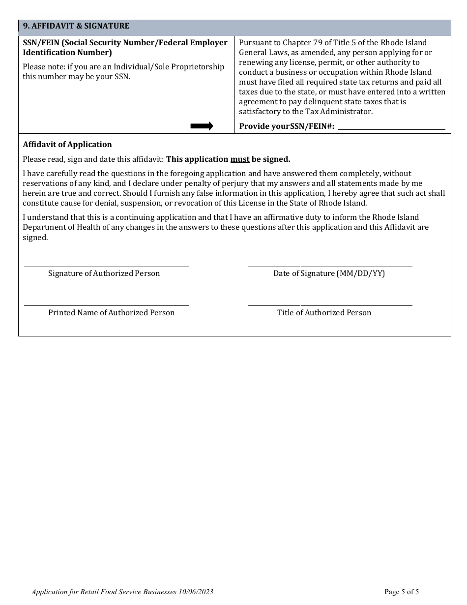 Application for Retail Food Service Businesses - Rhode Island, Page 7