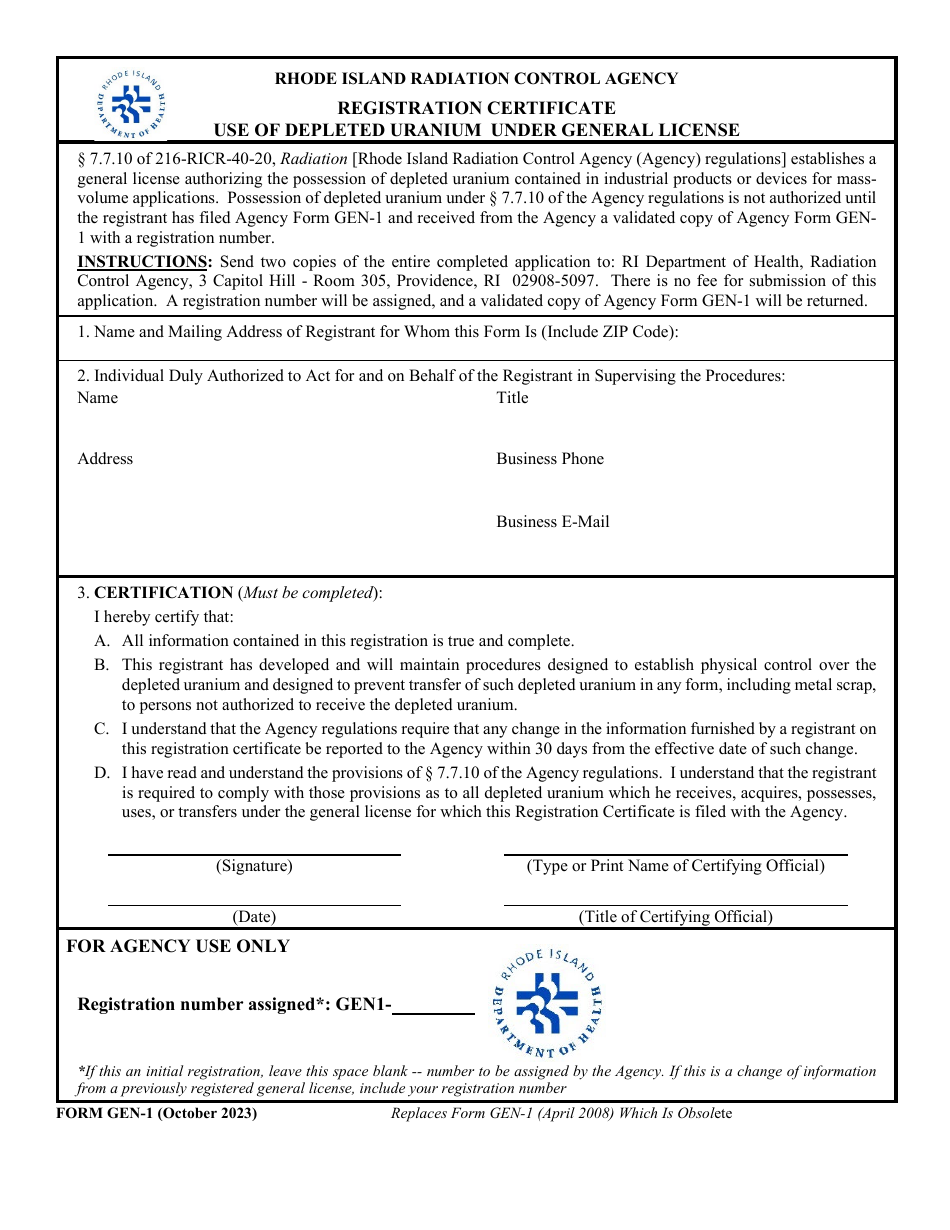 Form GEN-1 Registration Certificate - Use of Depleted Uranium Under General License - Rhode Island, Page 1