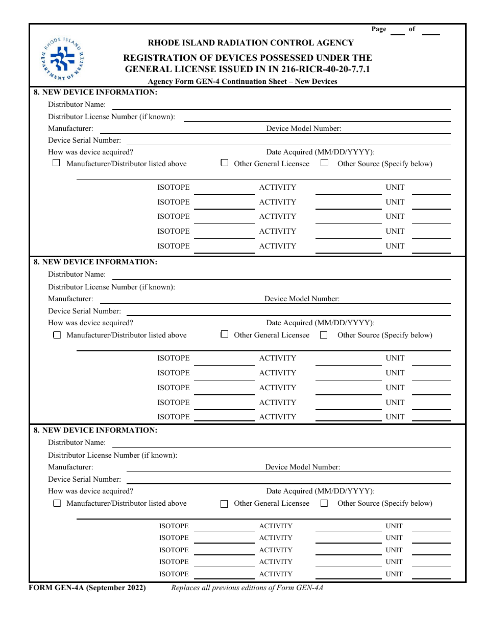 Form GEN-4A Registration of Devices Possessed Under the General License Issued in 216-ricr-40-20-7.7.1 - Continuation Sheet - New Devices - Rhode Island, Page 1