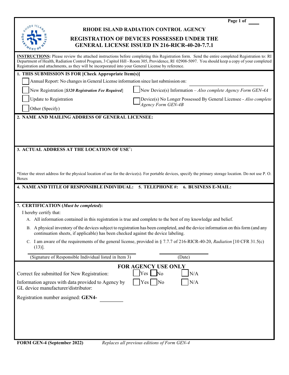 Form GEN-4 Registration of Devices Possessed Under the General License Issued in 216-ricr-40-20-7.7.1 - Rhode Island, Page 1