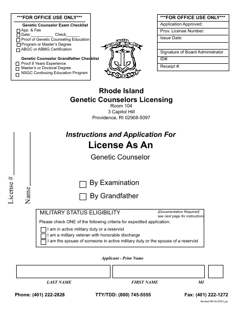 Application for License as a Genetic Counselor - Rhode Island Download Pdf
