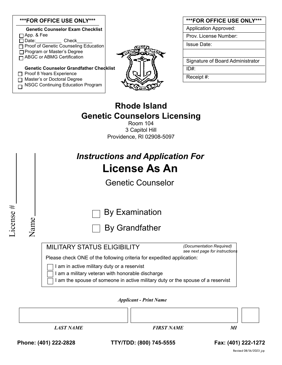 Application for License as a Genetic Counselor - Rhode Island, Page 1