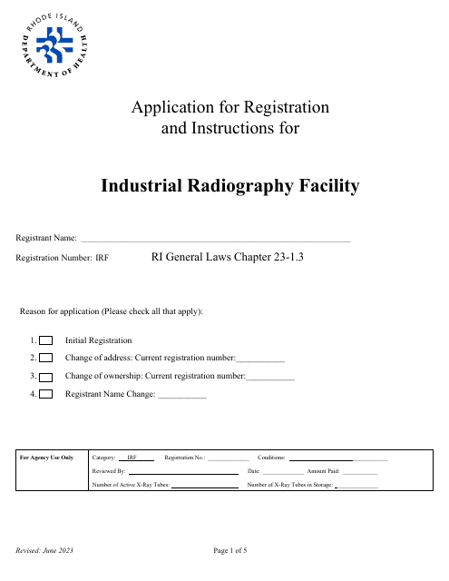 Application for Registration for Industrial Radiography Facility - Rhode Island Download Pdf