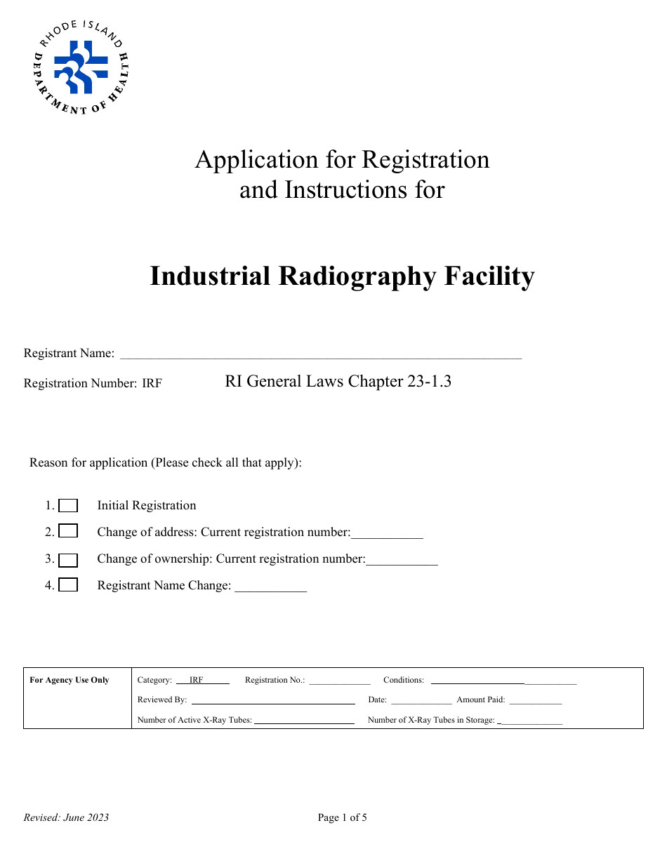 Application for Registration for Industrial Radiography Facility - Rhode Island, Page 1