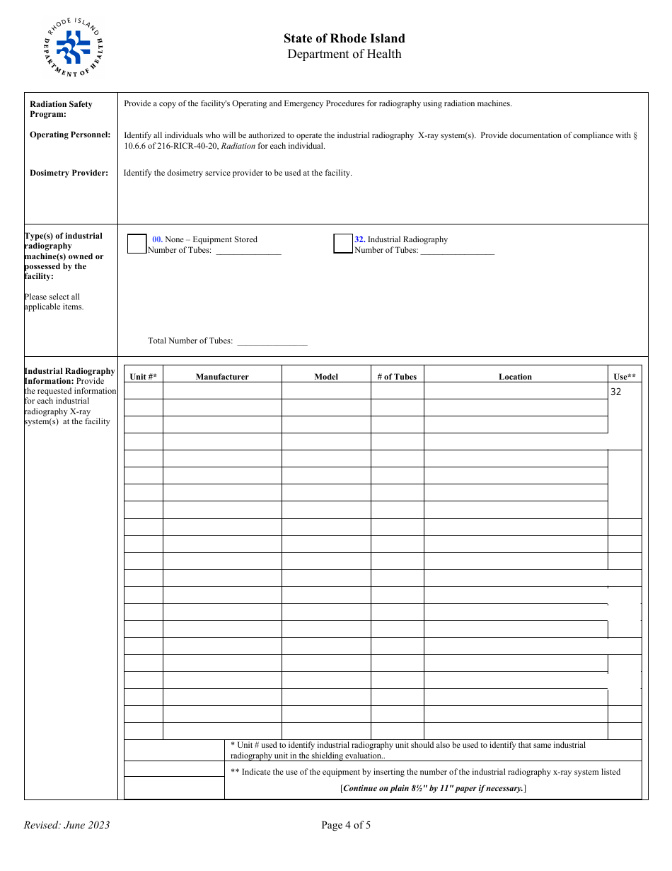 Application for Registration for Industrial Radiography Facility - Rhode Island, Page 4