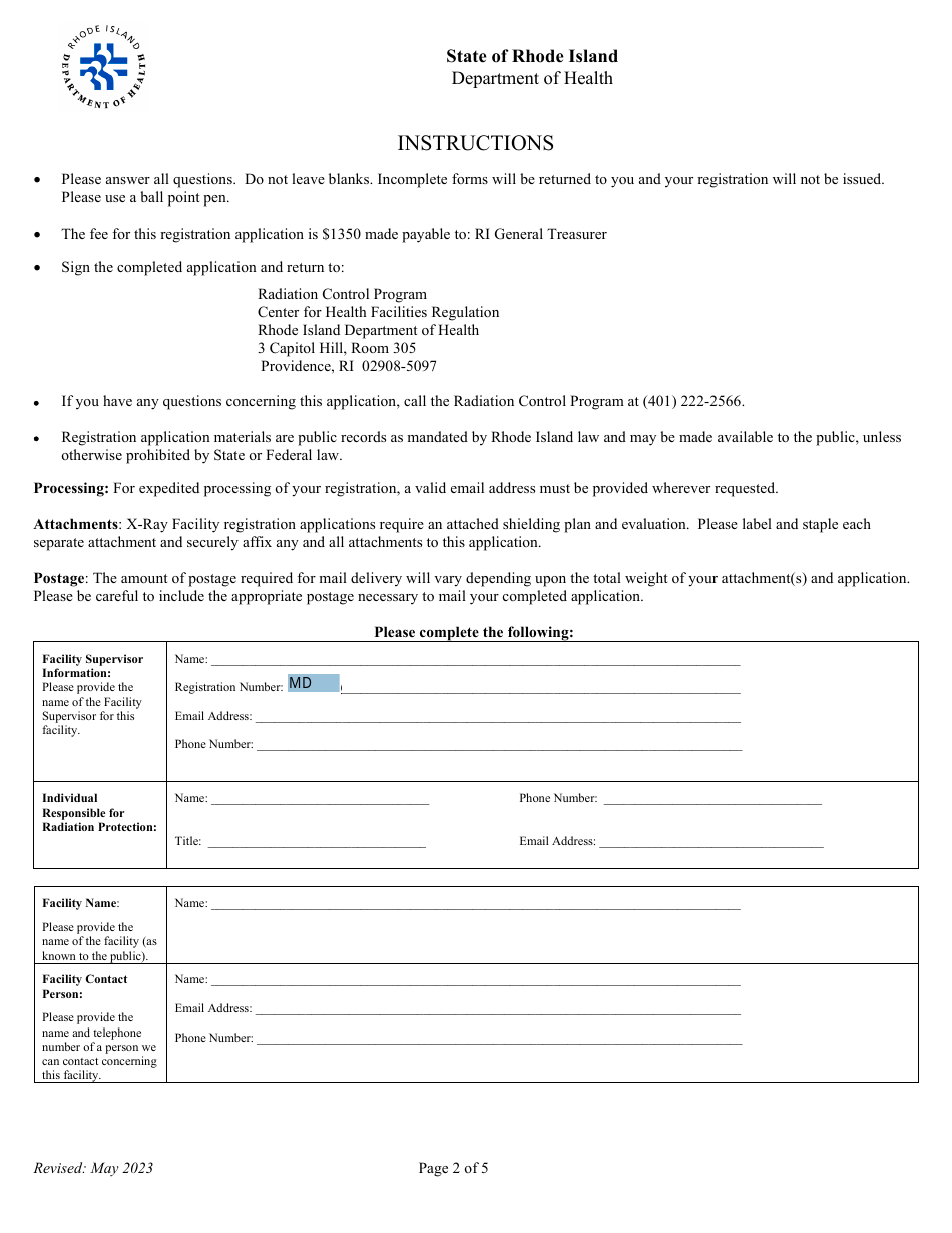 Application for Registration for Rtf Therapeutic X-Ray Equipment Facility - Rhode Island, Page 2