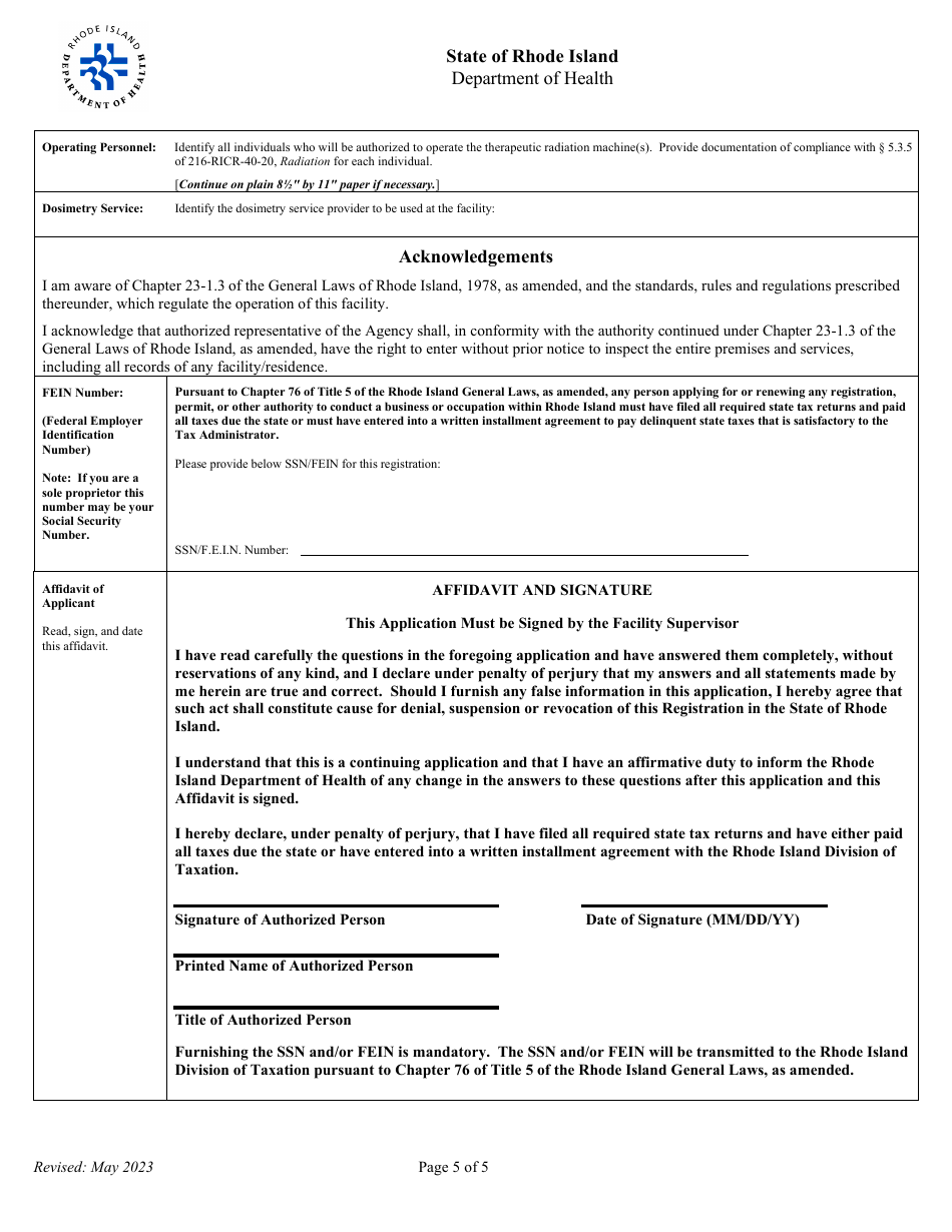 Application for Registration for Rtf Therapeutic X-Ray Equipment Facility - Rhode Island, Page 5