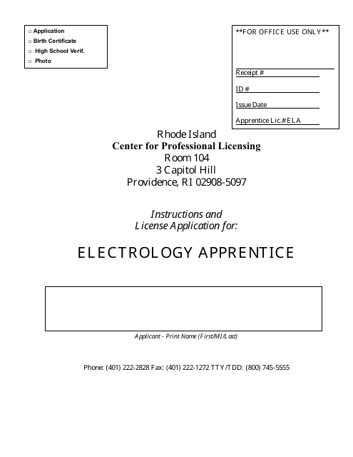 Application for Registration for Electrology Apprentice - Rhode Island