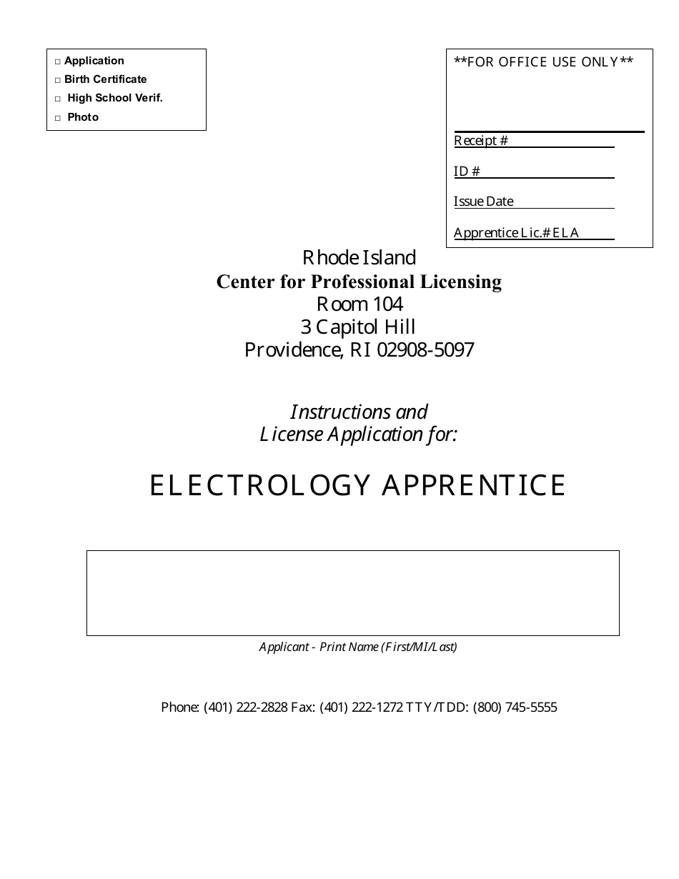 Application for Registration for Electrology Apprentice - Rhode Island, Page 1