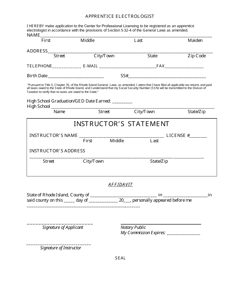 Application for Registration for Electrology Apprentice - Rhode Island, Page 2