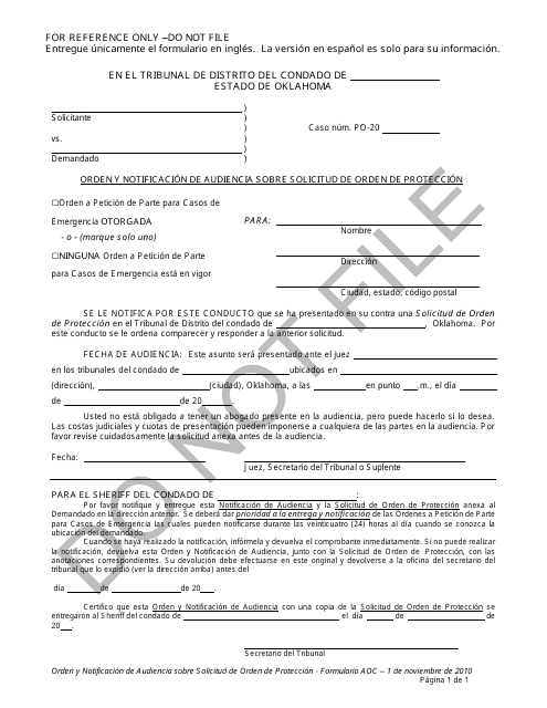 Orden Y Notificacion De Audiencia Sobre Solicitud De Orden De Proteccion - Oklahoma (Spanish) Download Pdf