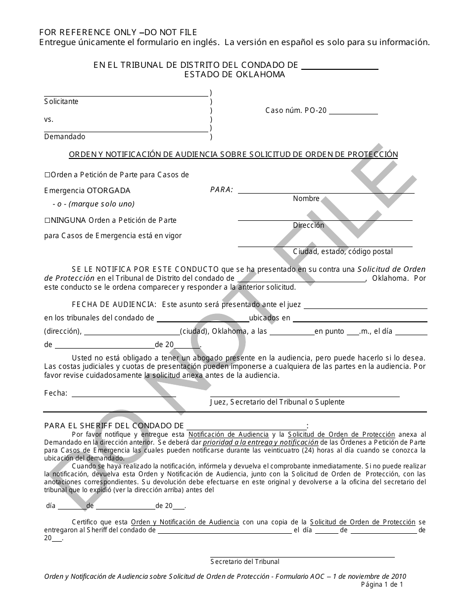 Orden Y Notificacion De Audiencia Sobre Solicitud De Orden De Proteccion - Oklahoma (Spanish), Page 1