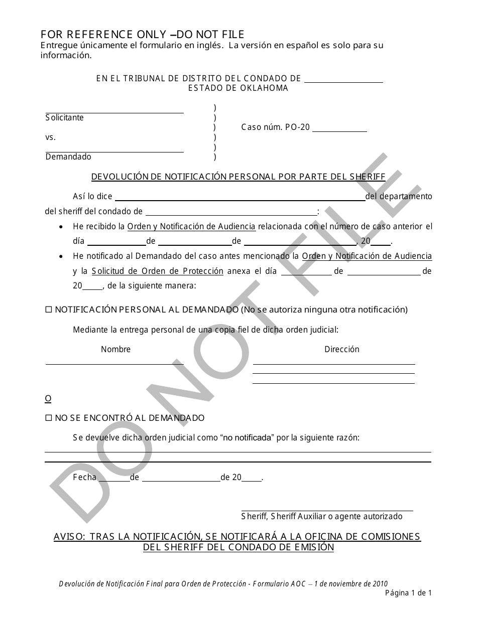 Devolucion De Notificacion Personal Por Parte Del Sheriff - Oklahoma (Spanish), Page 1