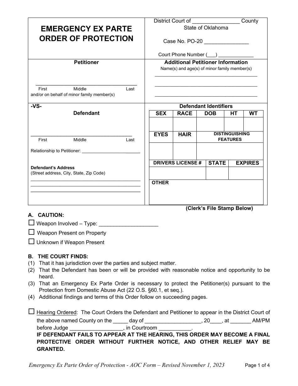 Oklahoma Emergency Ex Parte Order Of Protection Fill Out Sign Online oklahoma-emergency-ex-parte-order-of-protection-fill-out-sign-online