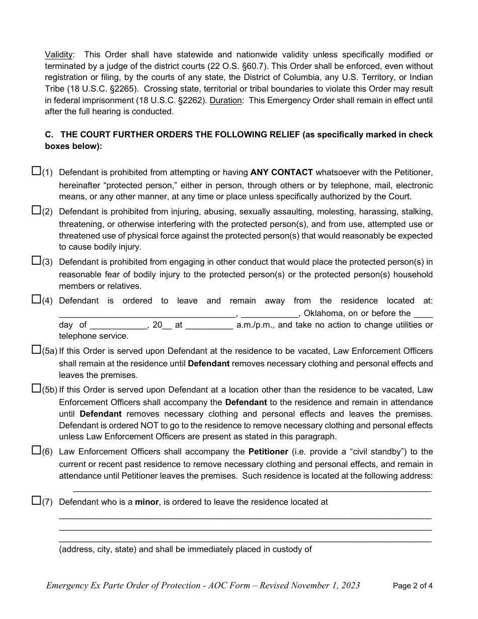 Oklahoma Emergency Ex Parte Order Of Protection Fill Out Sign Online 