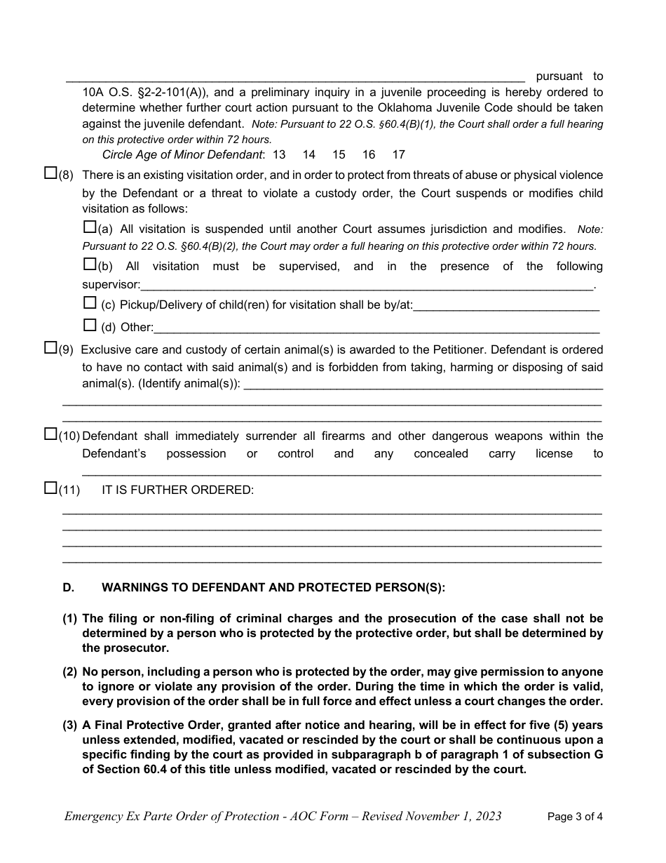 Oklahoma Emergency Ex Parte Order of Protection - Fill Out, Sign Online ...