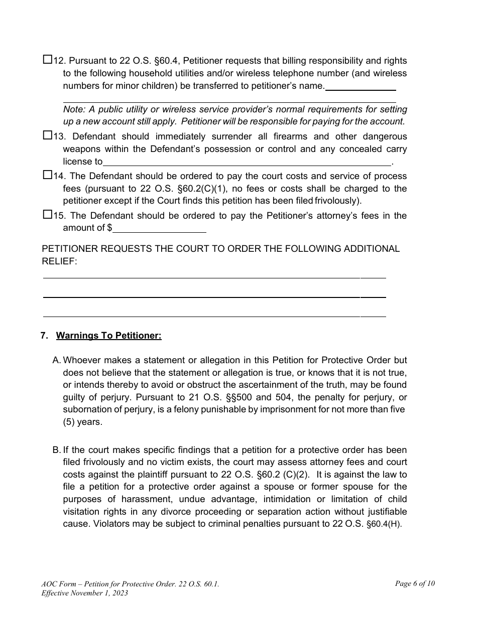 Petition for Protective Order - Oklahoma, Page 6