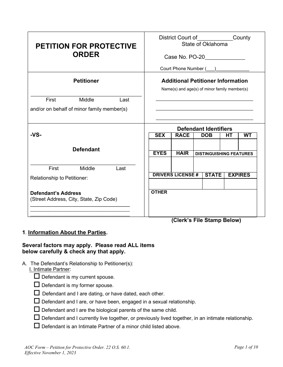 Oklahoma Petition for Protective Order Download Fillable PDF 2019