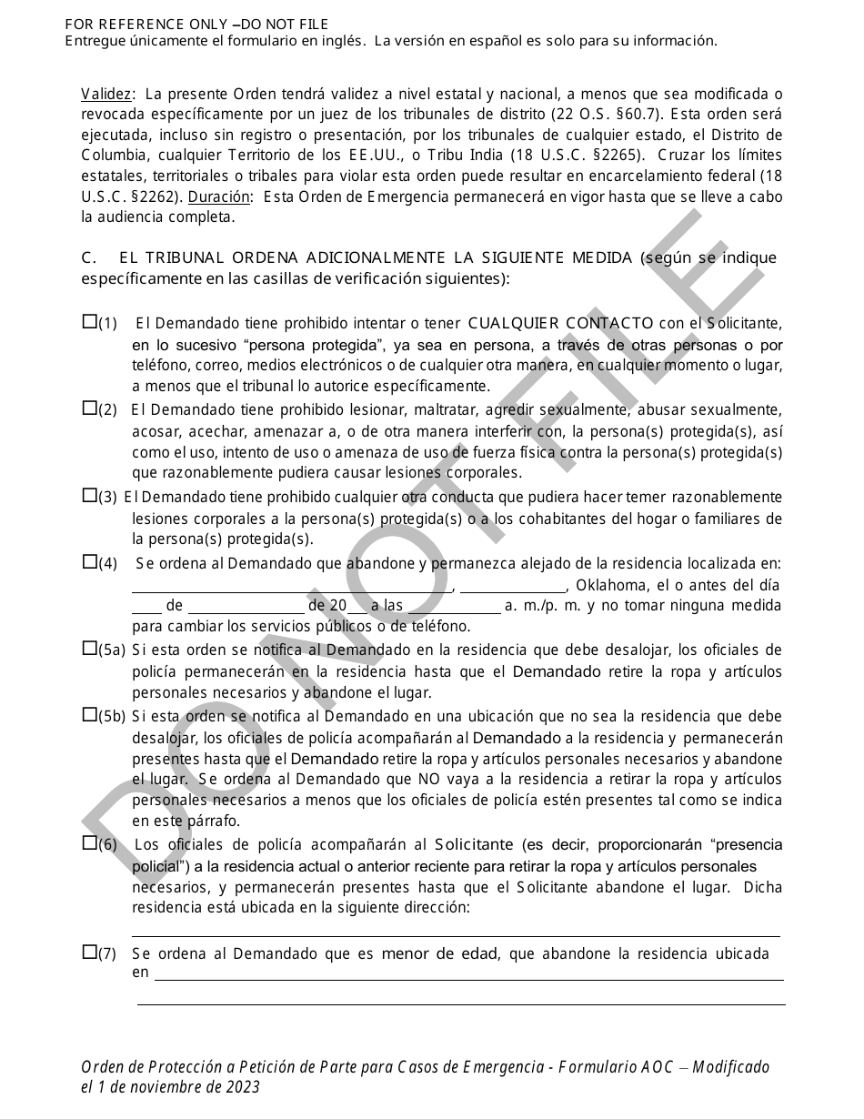 Orden De Proteccion De Emergencia Ex Parte - Oklahoma (Spanish), Page 2