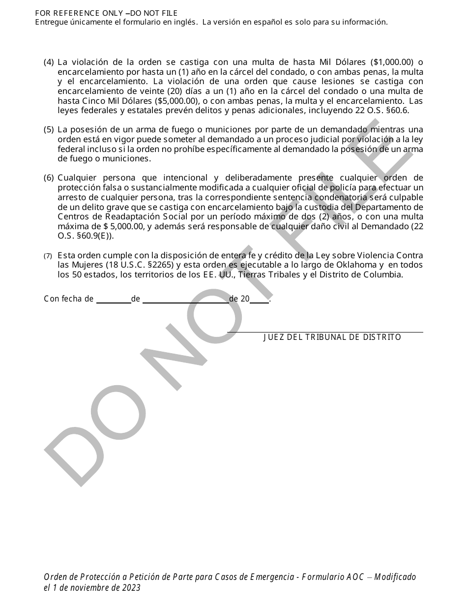 Orden De Proteccion De Emergencia Ex Parte - Oklahoma (Spanish), Page 4