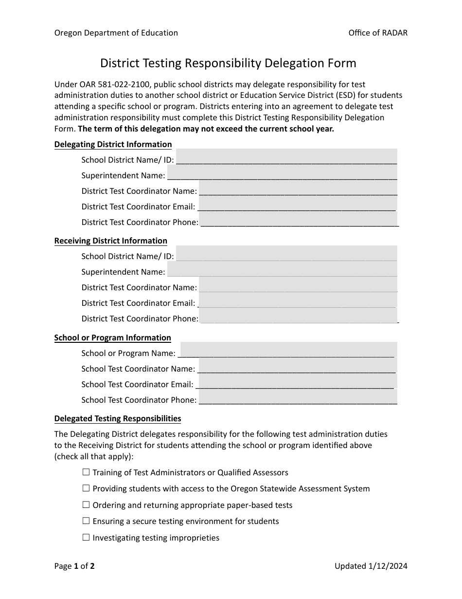 District Testing Responsibility Delegation Form - Oregon, Page 1