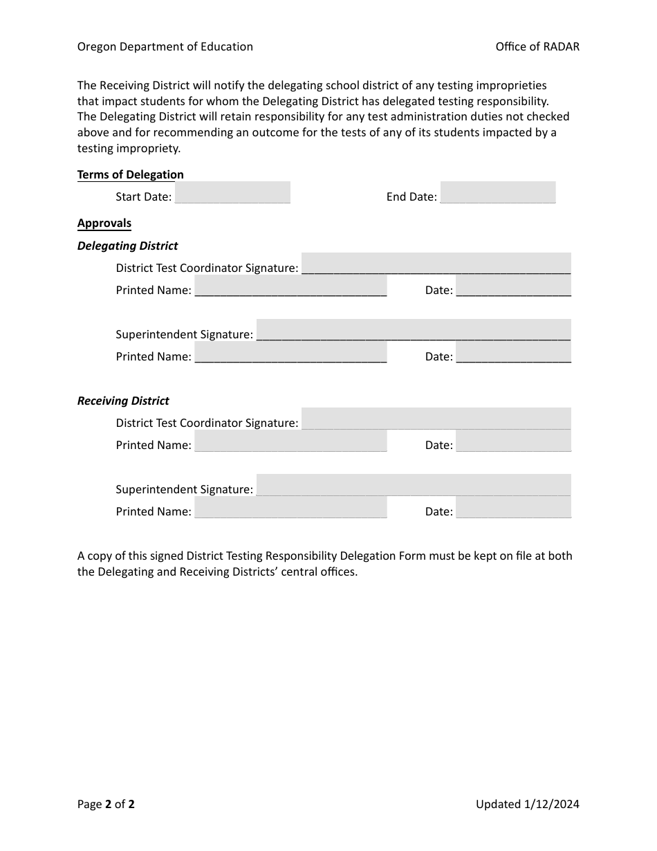 District Testing Responsibility Delegation Form - Oregon, Page 2