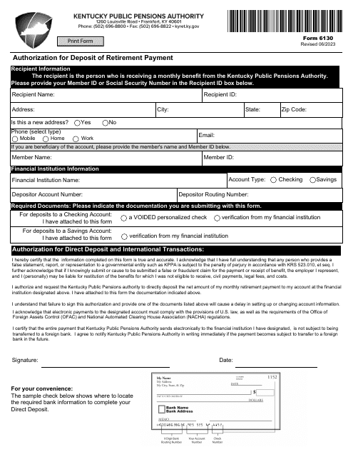 Form 6130 Authorization for Deposit of Retirement Payment - Kentucky