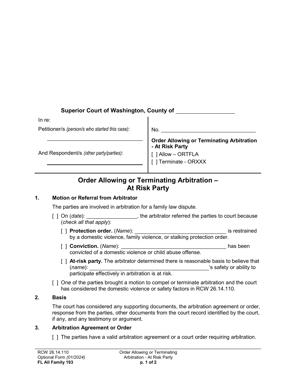 Form FL All Family193 Order Allowing or Terminating Arbitration - at Risk Party - Washington, Page 1