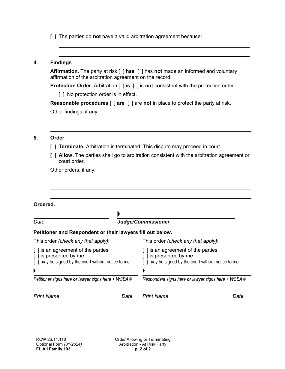 Form FL All Family193 Order Allowing or Terminating Arbitration - at Risk Party - Washington, Page 2