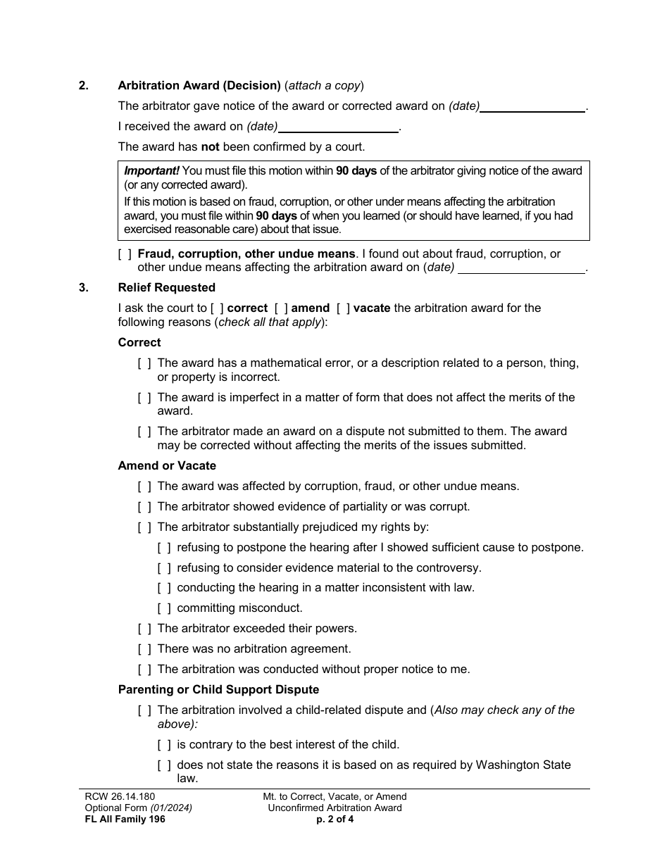 Form FL All Family196 Motion to Correct, Amend, or Vacate Unconfirmed Arbitration Award - Washington, Page 2