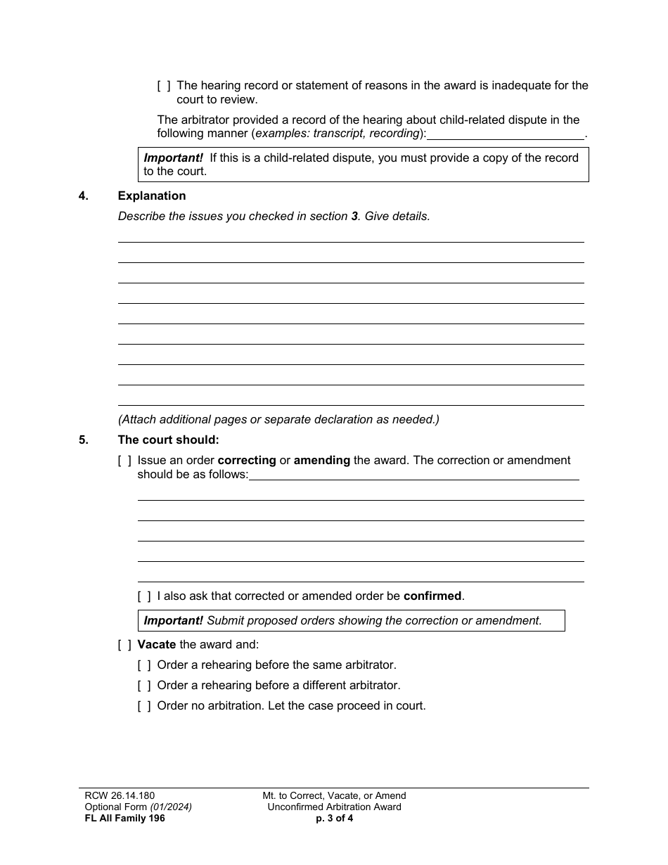 Form FL All Family196 Motion to Correct, Amend, or Vacate Unconfirmed Arbitration Award - Washington, Page 3
