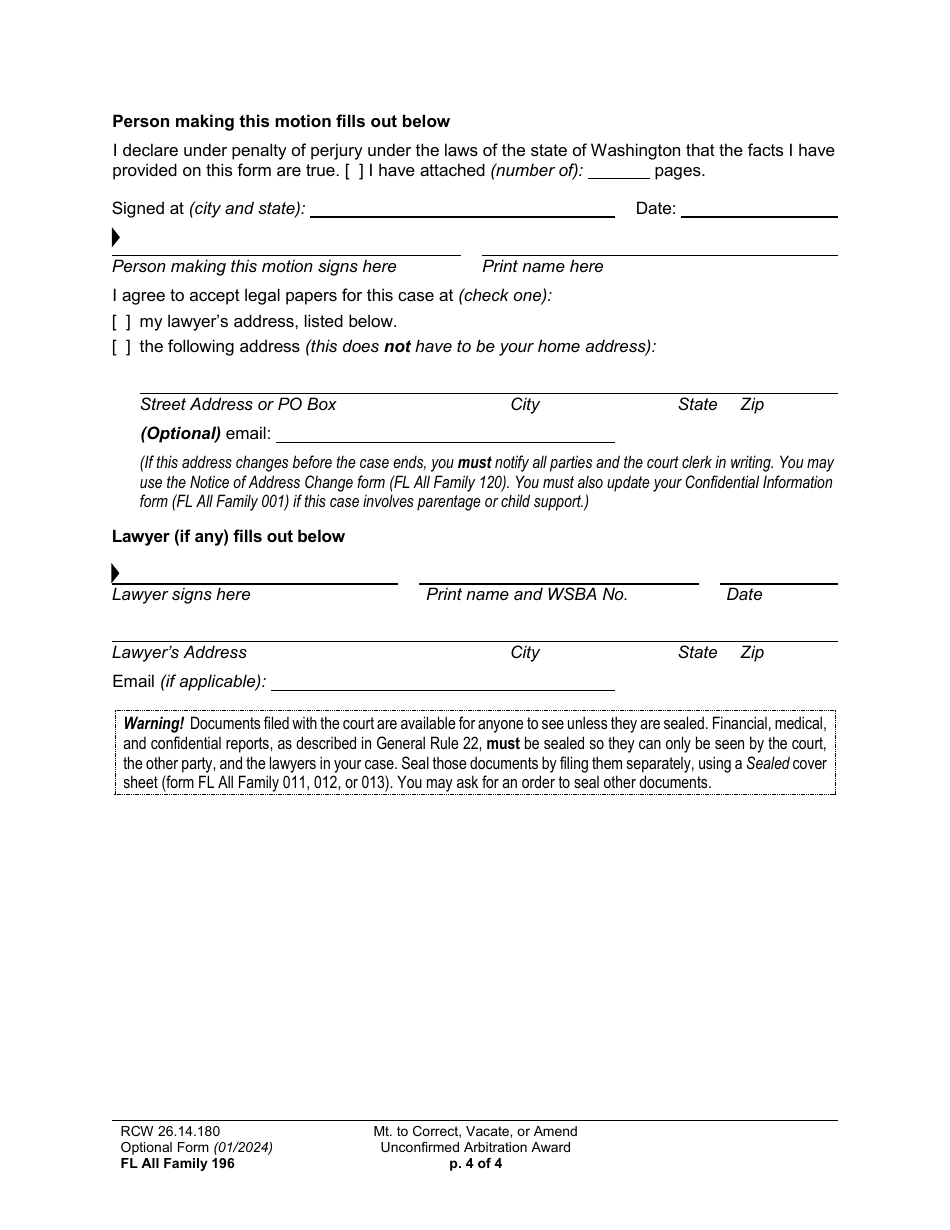 Form FL All Family196 Motion to Correct, Amend, or Vacate Unconfirmed Arbitration Award - Washington, Page 4