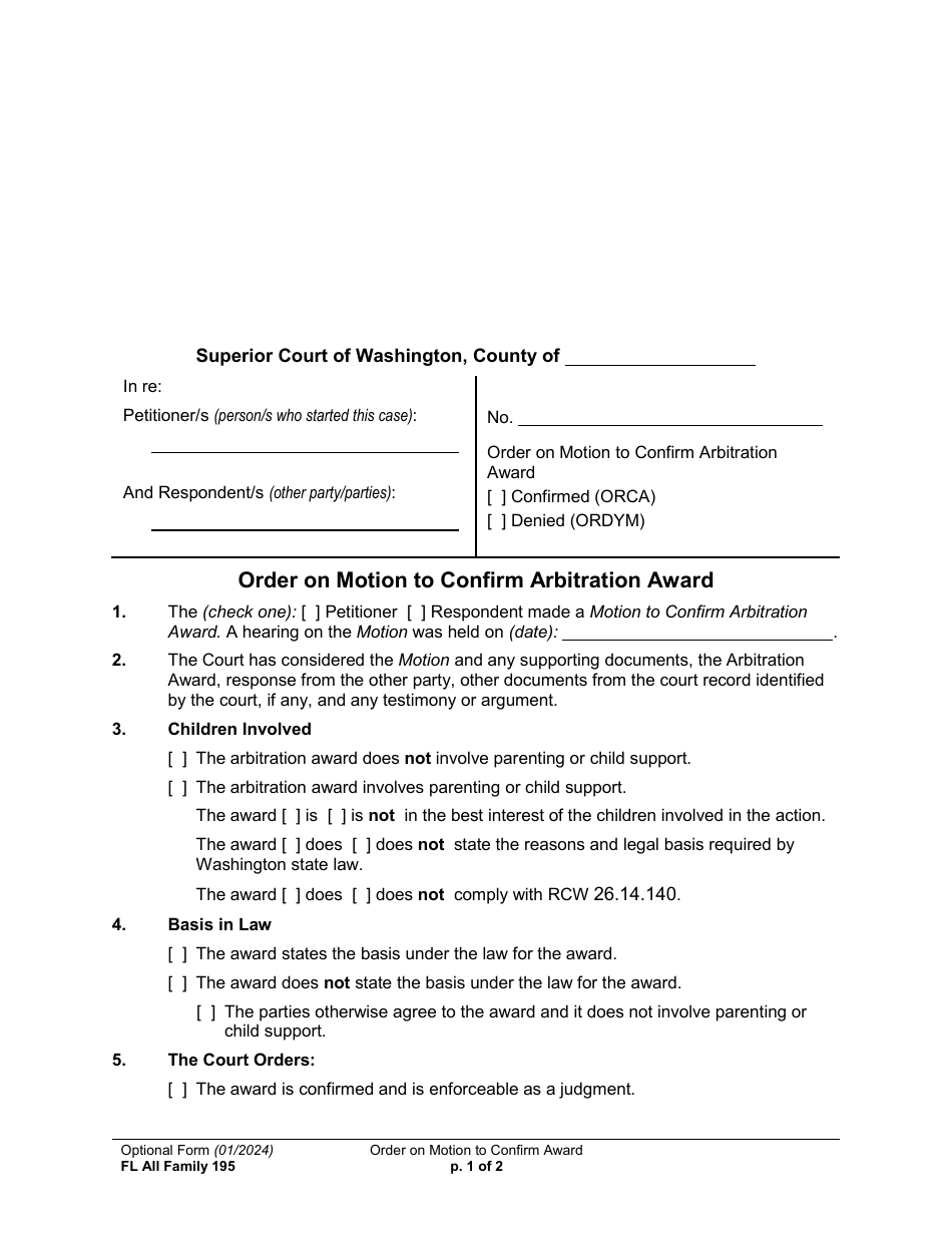 Form FL All Family195 Order on Motion to Confirm Arbitration Award - Washington, Page 1