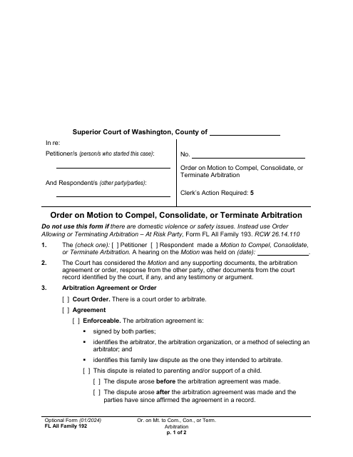Form FL All Family192 Order on Motion to Compel, Consolidate, or Terminate Arbitration - Washington