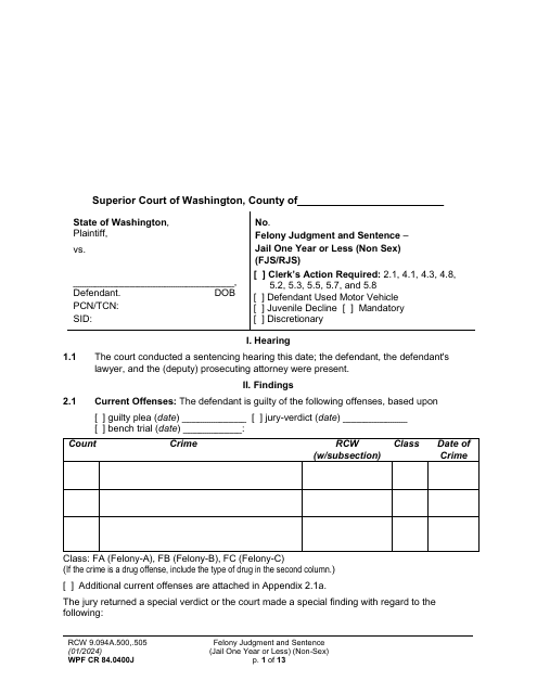 Form WPF CR84.0400J Felony Judgment and Sentence - Jail One Year or Less (Non Sex) - Washington