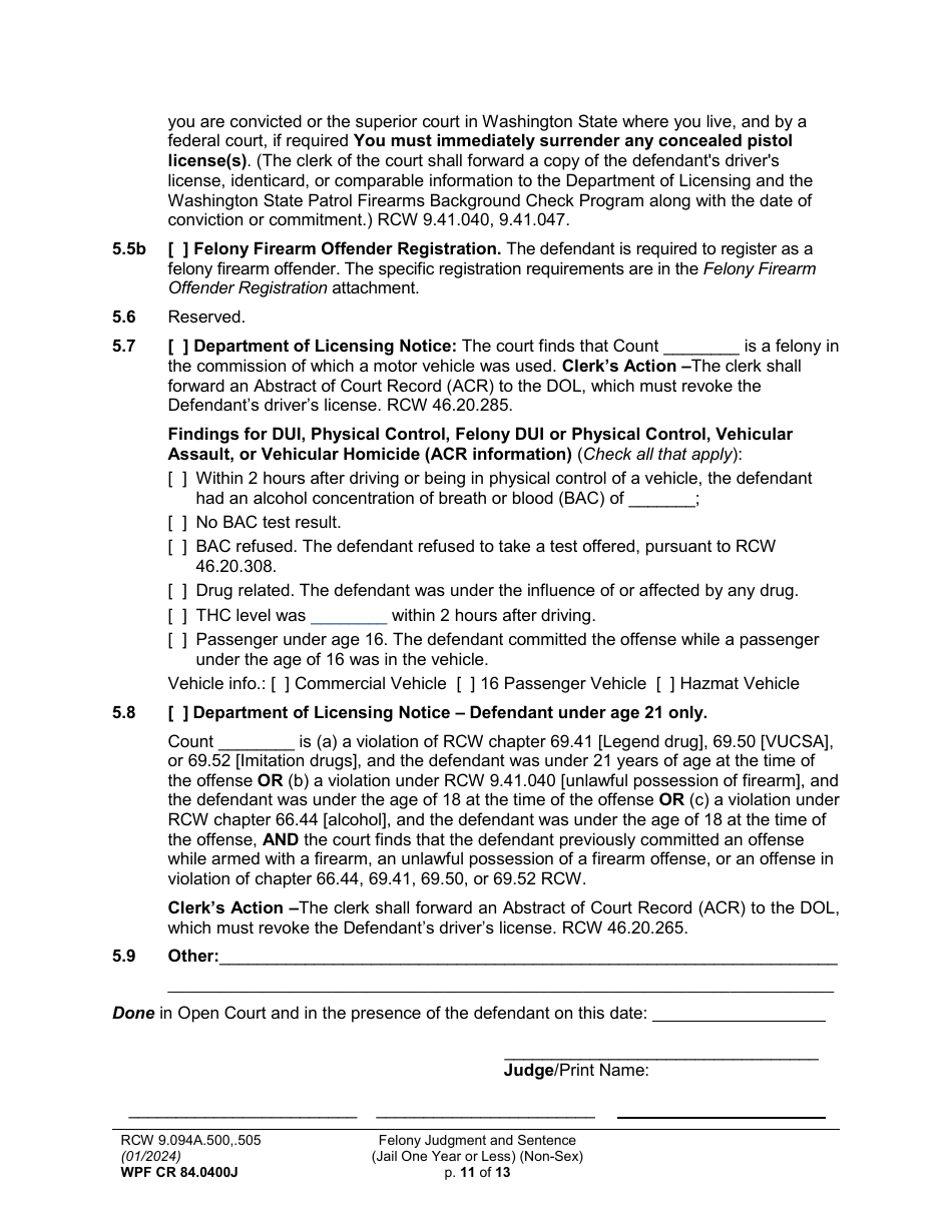 Form WPF CR84.0400J Felony Judgment and Sentence - Jail One Year or Less (Non Sex) - Washington, Page 11