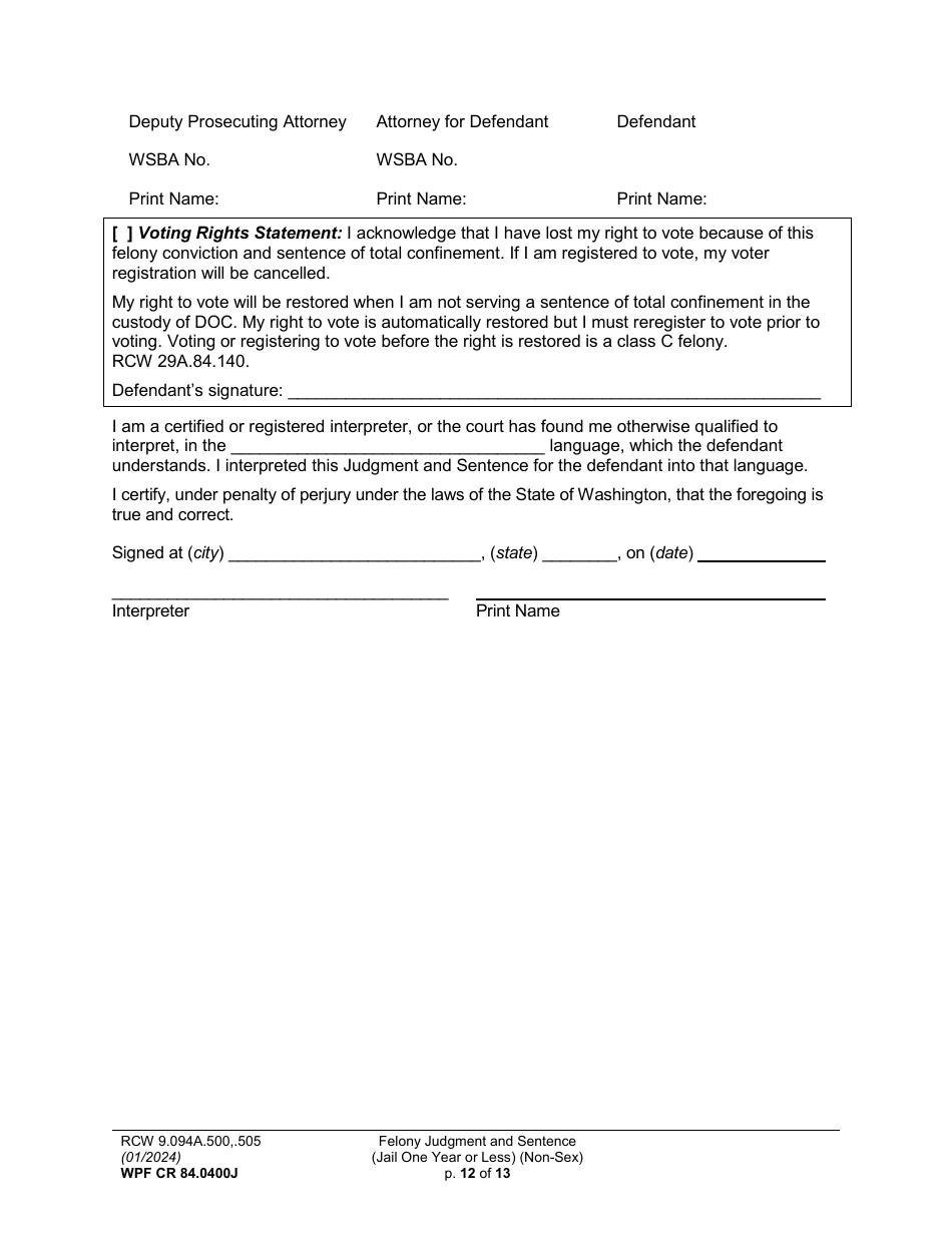 Form WPF CR84.0400J Felony Judgment and Sentence - Jail One Year or Less (Non Sex) - Washington, Page 12