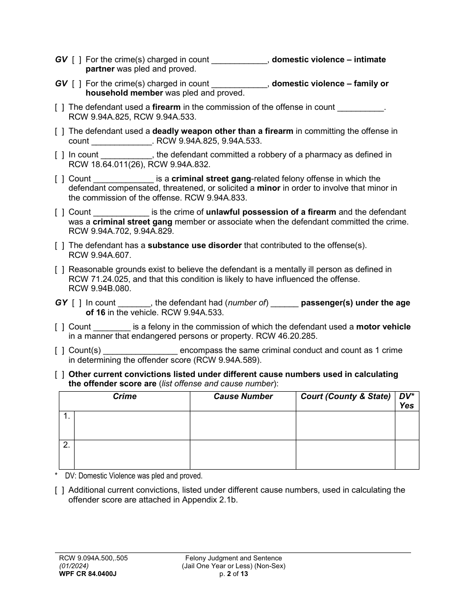 Form WPF CR84.0400J Felony Judgment and Sentence - Jail One Year or Less (Non Sex) - Washington, Page 2