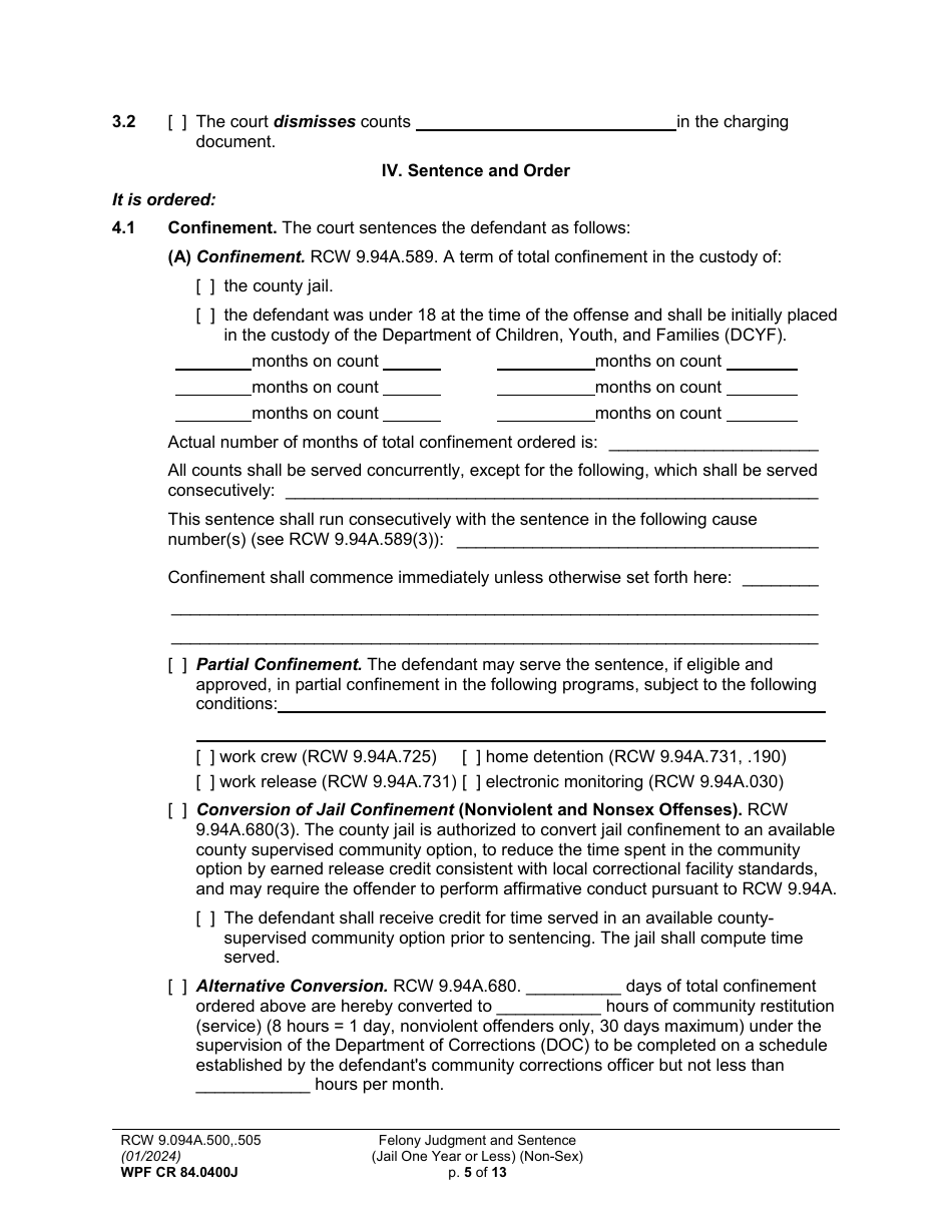 Form WPF CR84.0400J Felony Judgment and Sentence - Jail One Year or Less (Non Sex) - Washington, Page 5