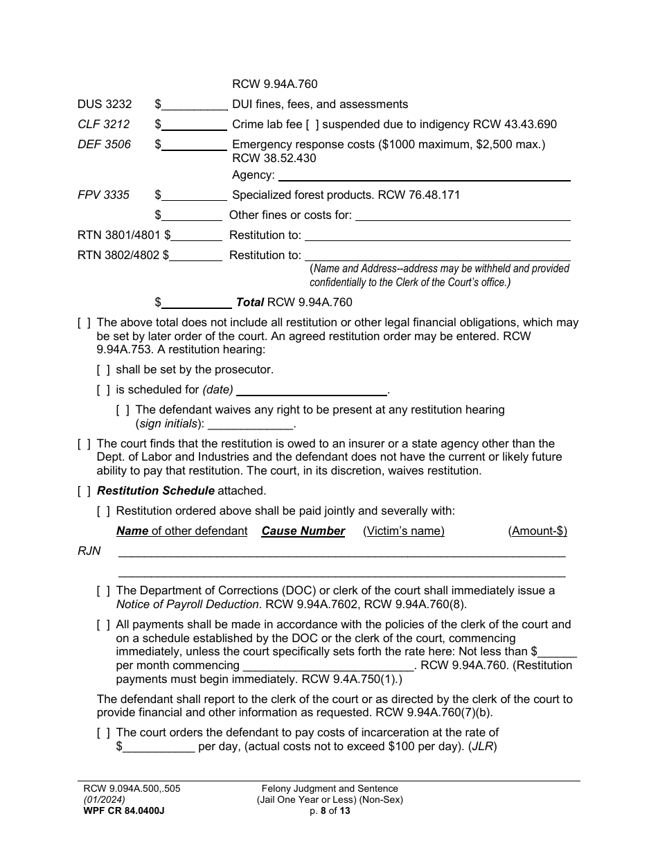 Form WPF CR84.0400J Felony Judgment and Sentence - Jail One Year or Less (Non Sex) - Washington, Page 8