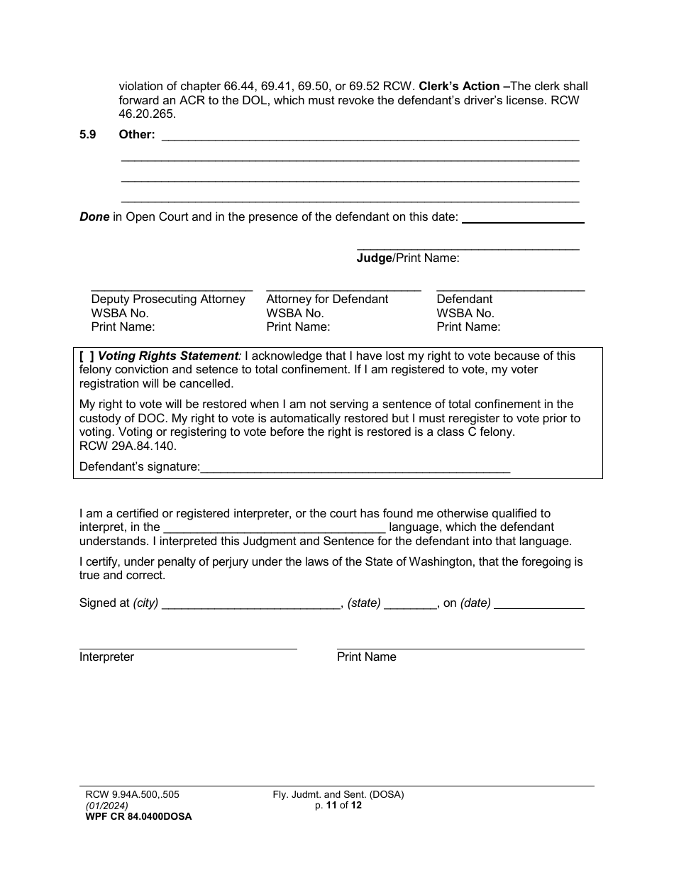 Form WPF CR84.0400 DOSA Felony Judgment and Sentence - Drug Offender Sentencing Alternative - Washington, Page 11