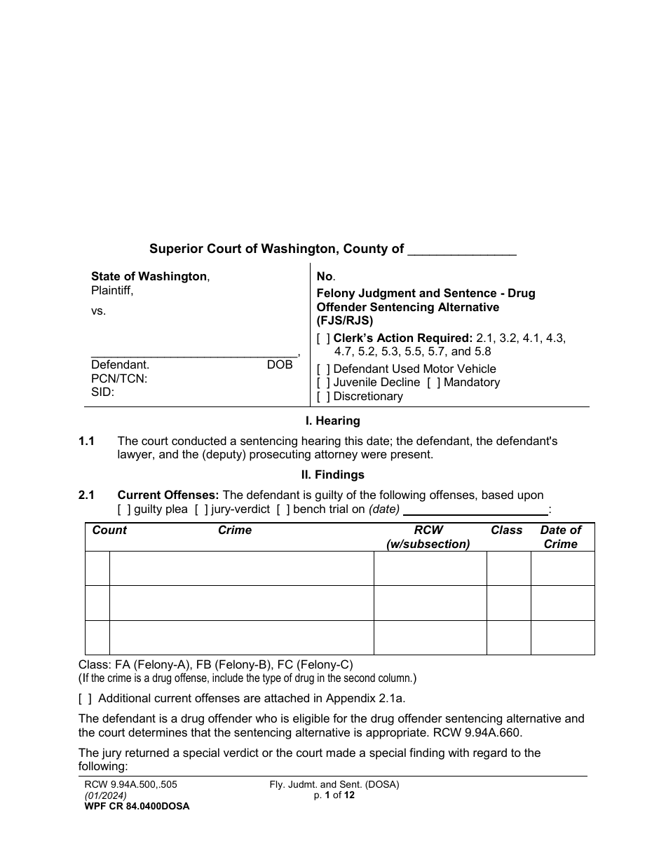 Form WPF CR84.0400 DOSA Felony Judgment and Sentence - Drug Offender Sentencing Alternative - Washington, Page 1