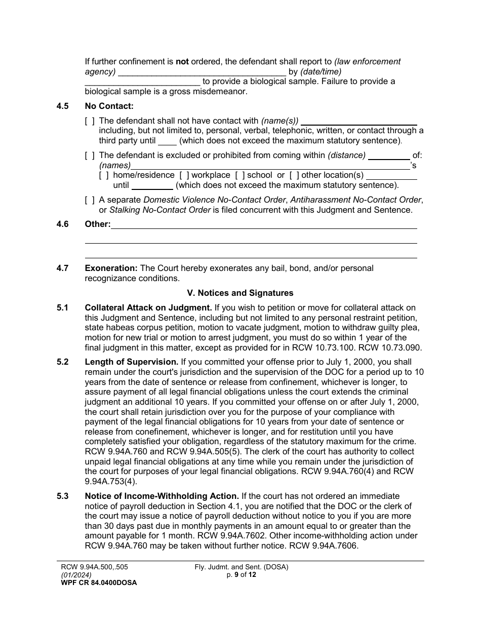 Form WPF CR84.0400 DOSA Felony Judgment and Sentence - Drug Offender Sentencing Alternative - Washington, Page 9